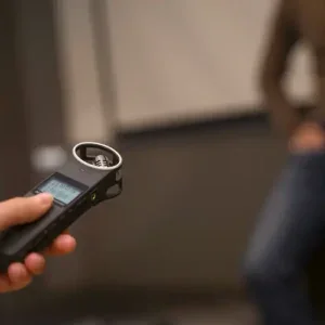Hand holding a digital voice recorder towards a blurry person, likely for an interview.